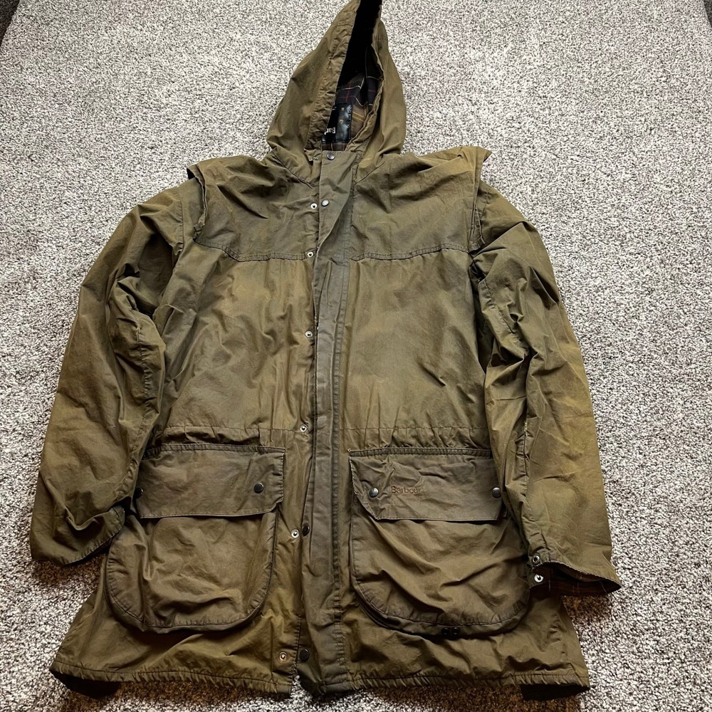 Barbour Jacket Mens 4 Classic Durham Waxed Cotton Hooded Olive Green
